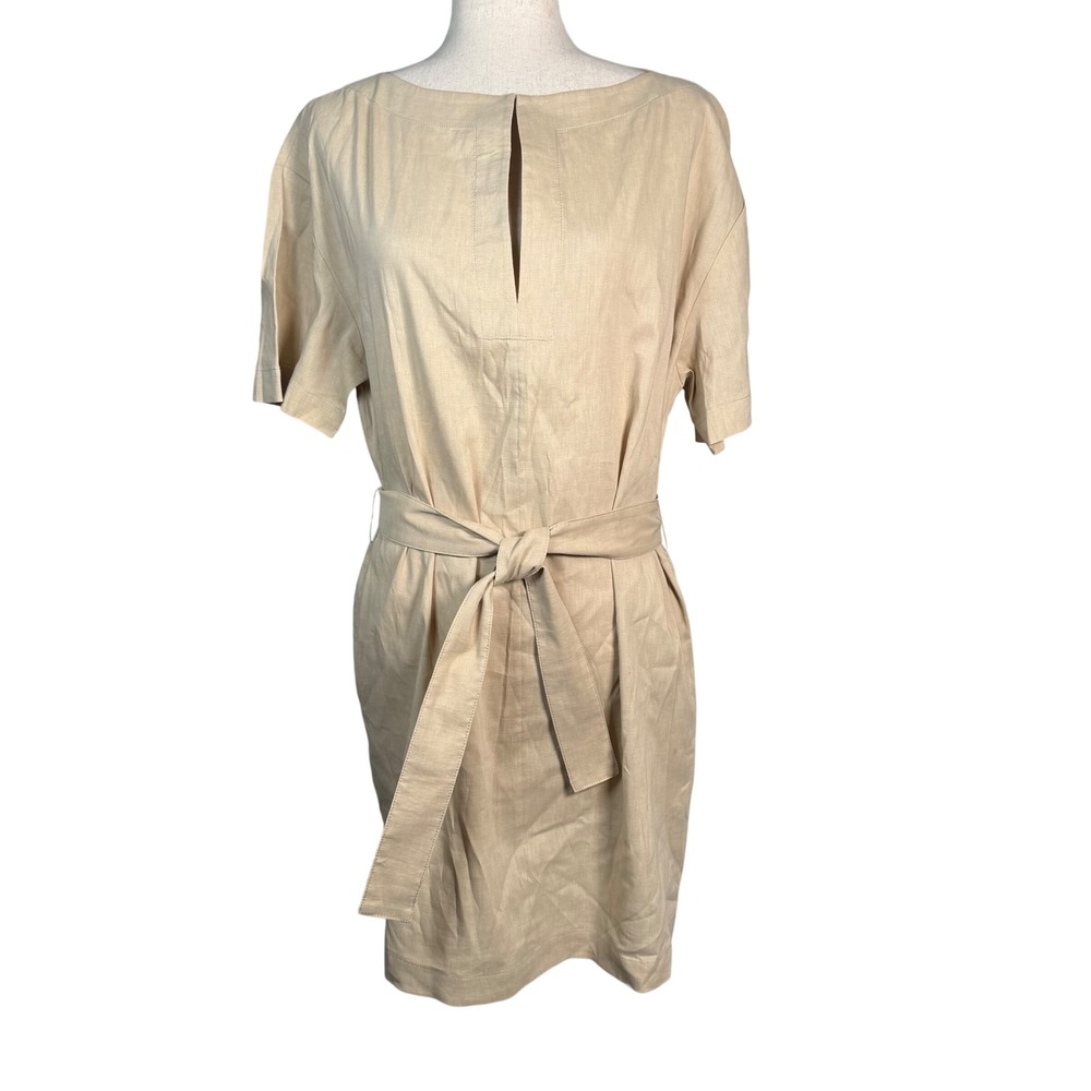Theory Belted Shift Dress Womens 10 Beige Linen Blend Quiet‎ Luxury Organic